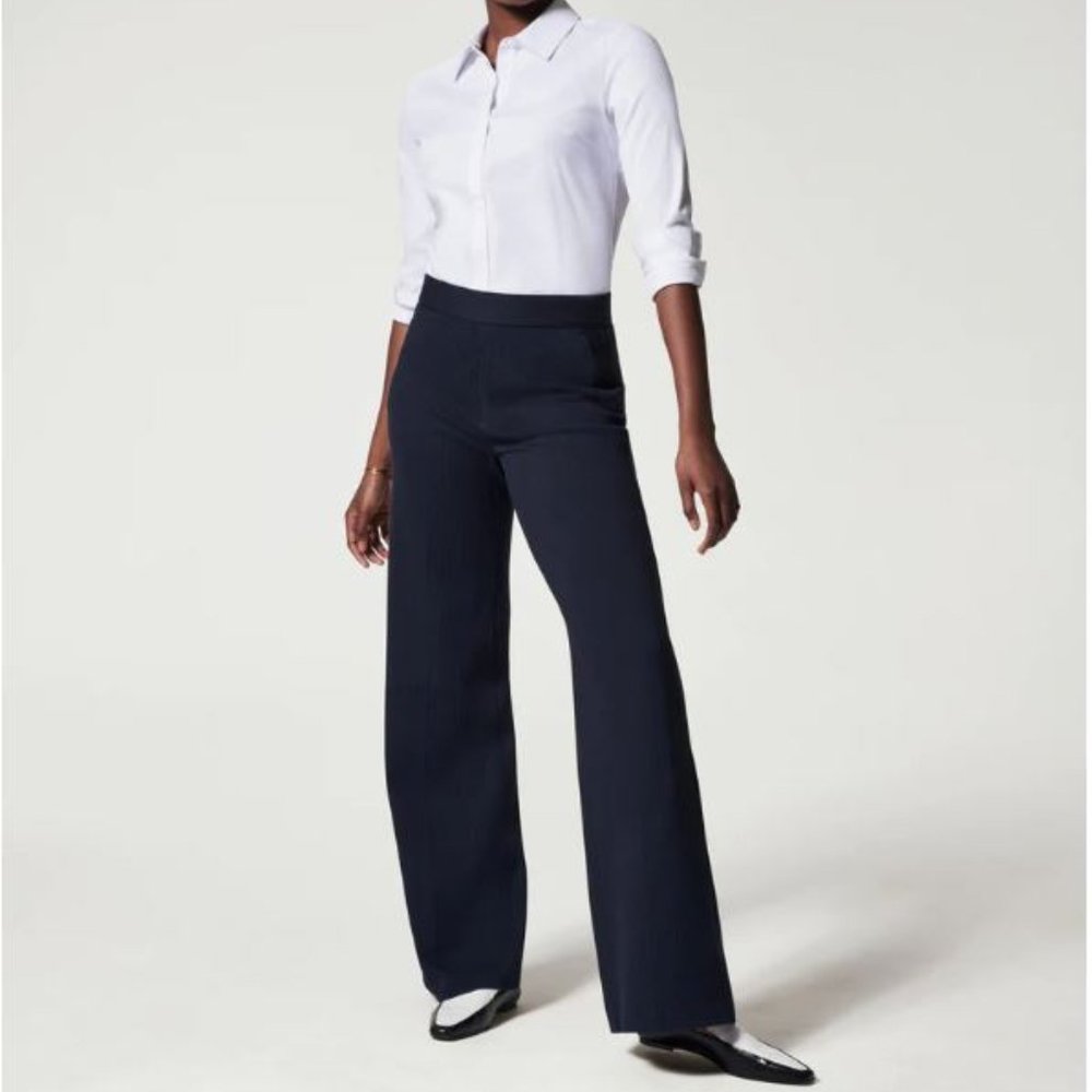 NWOT Spanx The Perfect Pant Wide Leg Navy/Grey Pinstripe, Large Tall